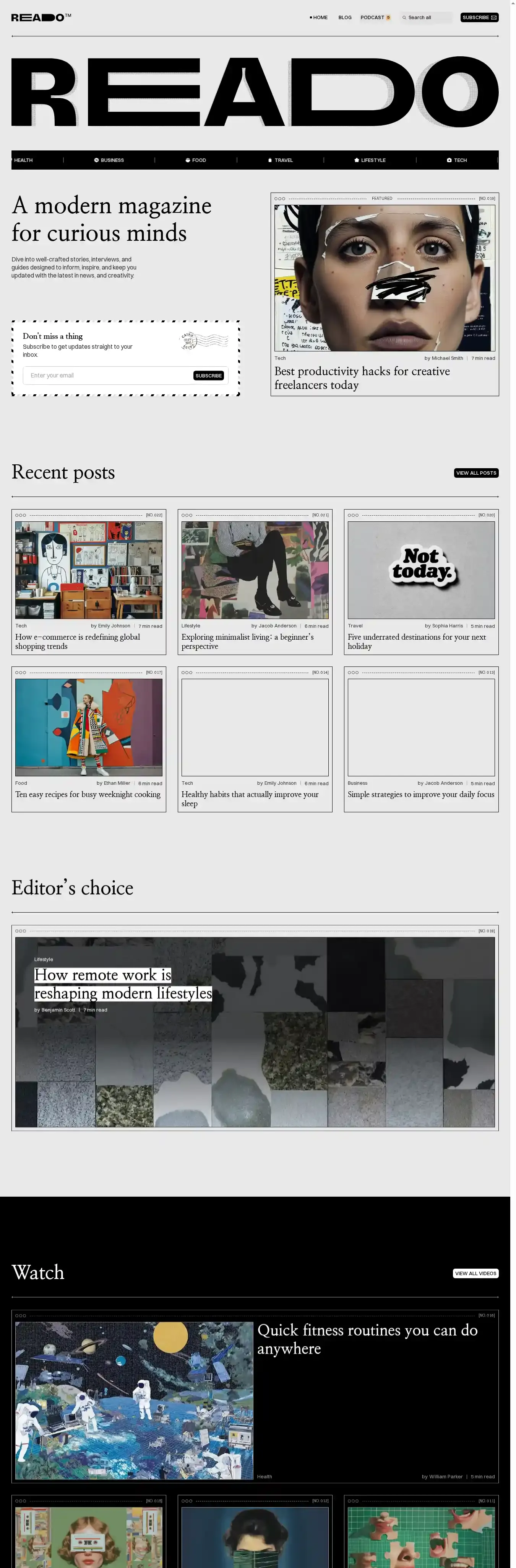 Reado home page on desktop
