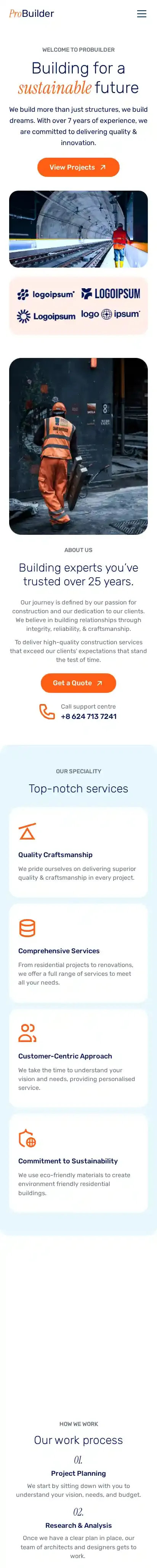 Realcon Constructio home page on mobile
