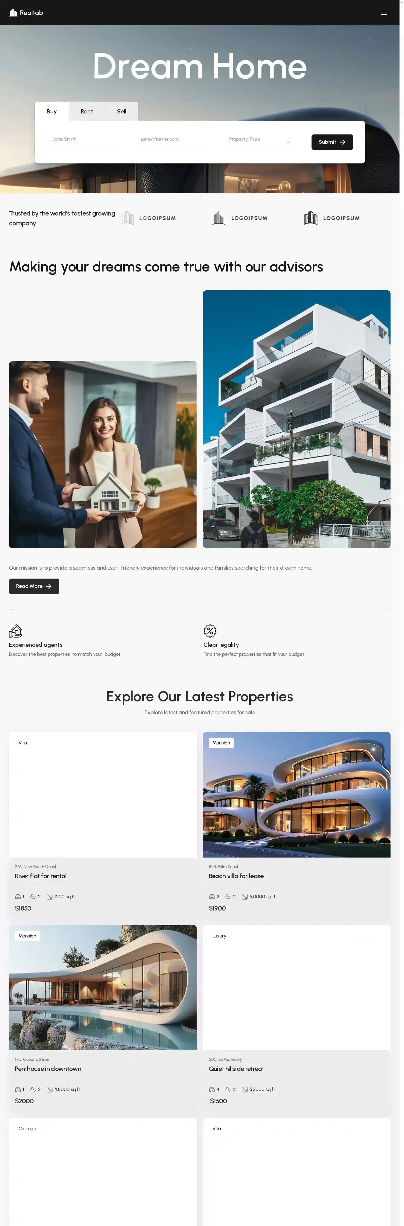 Realtab home page on desktop