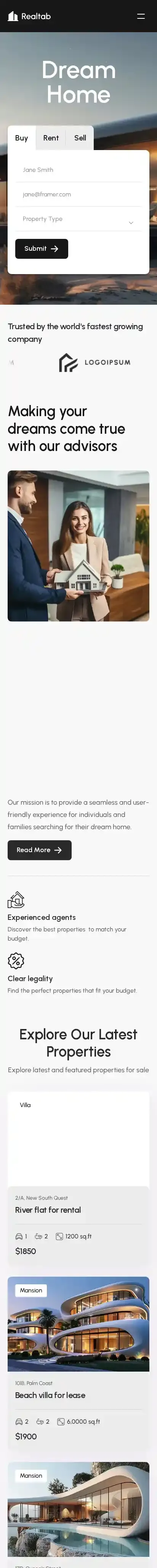 Realtab home page on mobile