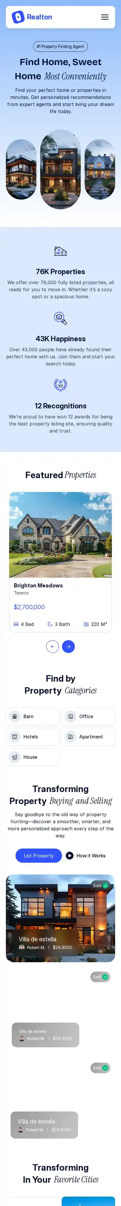 Realton home page on mobile