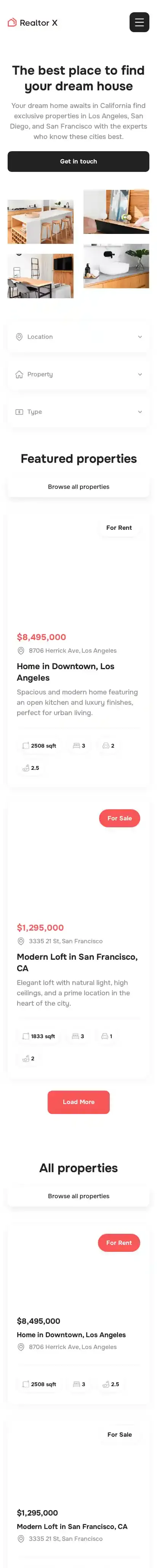 Realtor X home page on mobile
