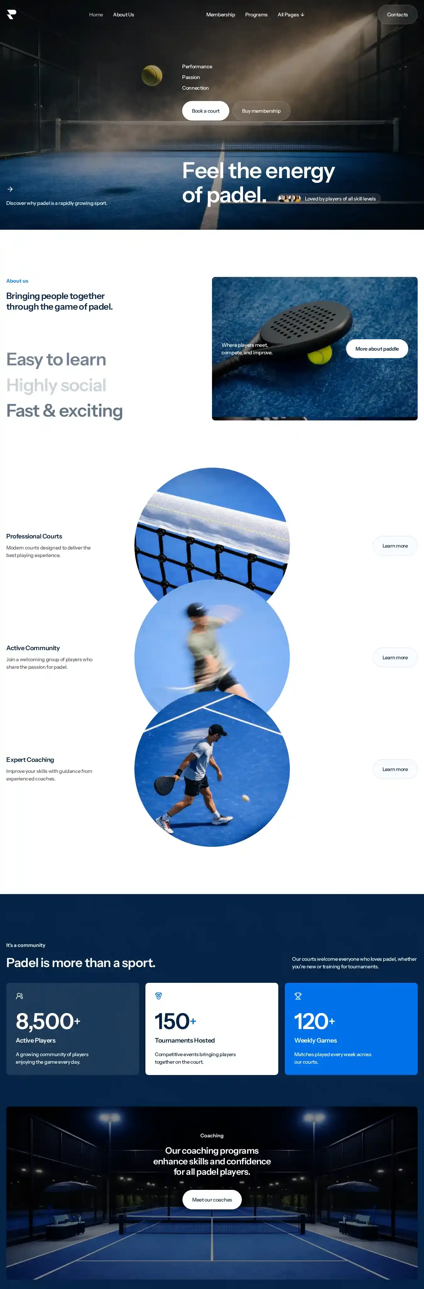 Rebound Padel home page on desktop