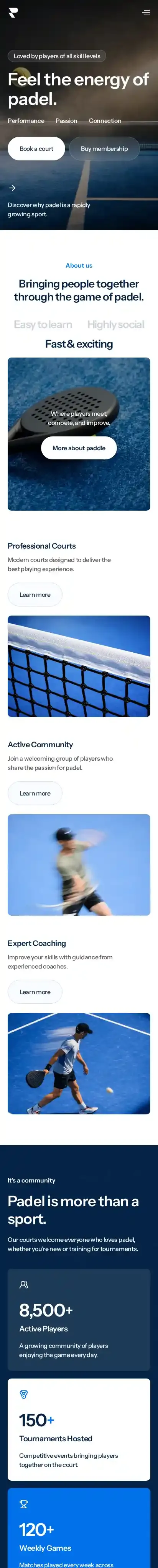 Rebound Padel home page on mobile
