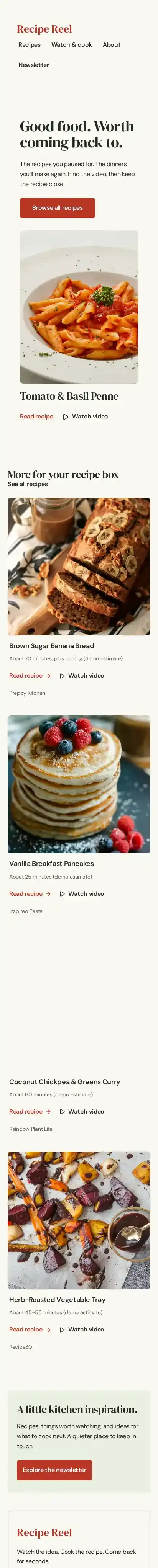Recipe Reel home page on mobile