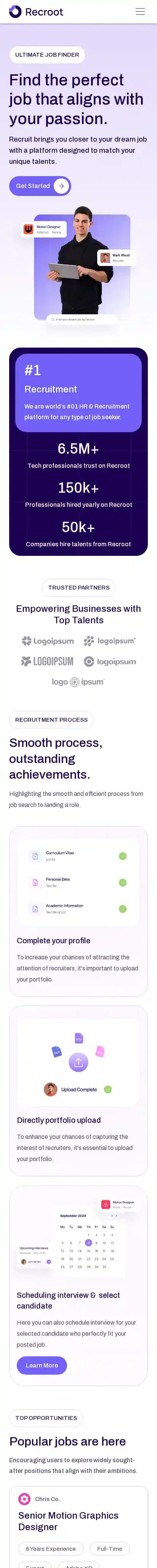Recroot home page on mobile