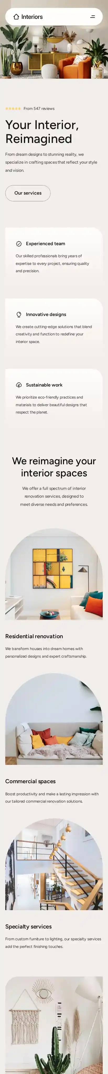 Refined Interiors home page on mobile