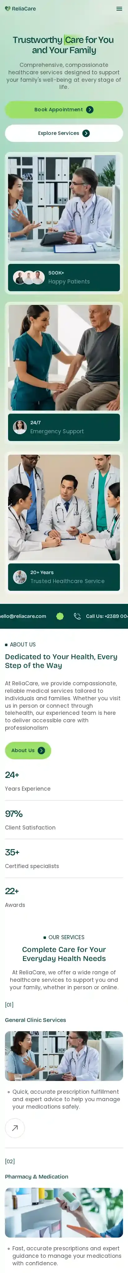 Reliacare home page on mobile