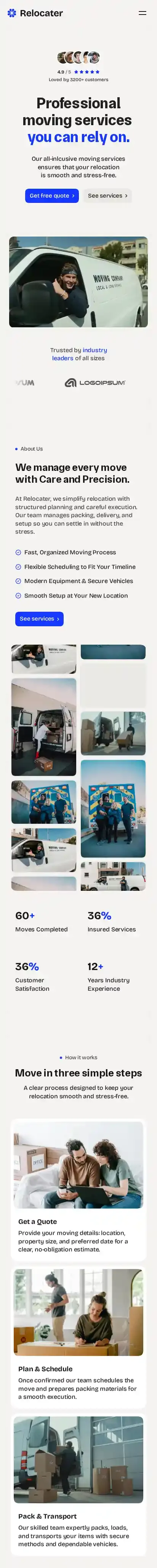 Relocater home page on mobile