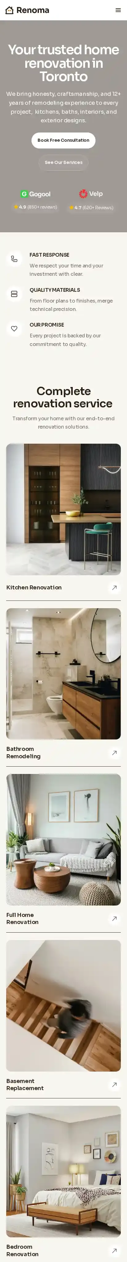 Renoma home page on mobile
