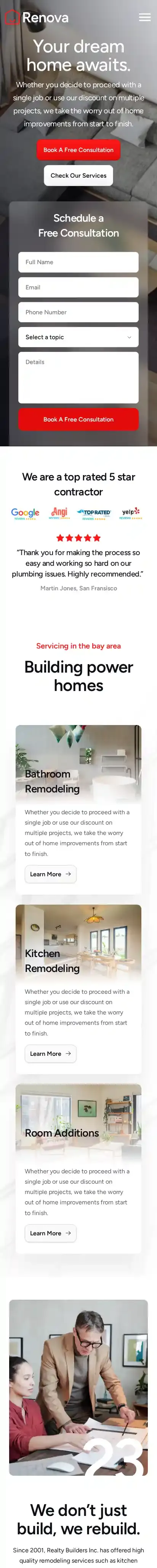 Renova home page on mobile