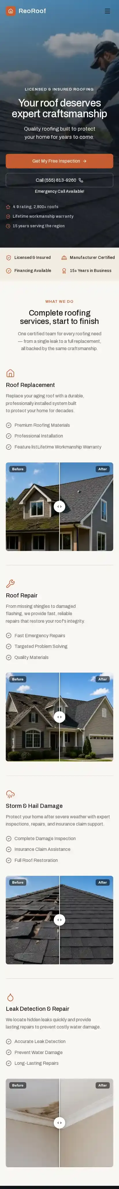 ReoRoof home page on mobile