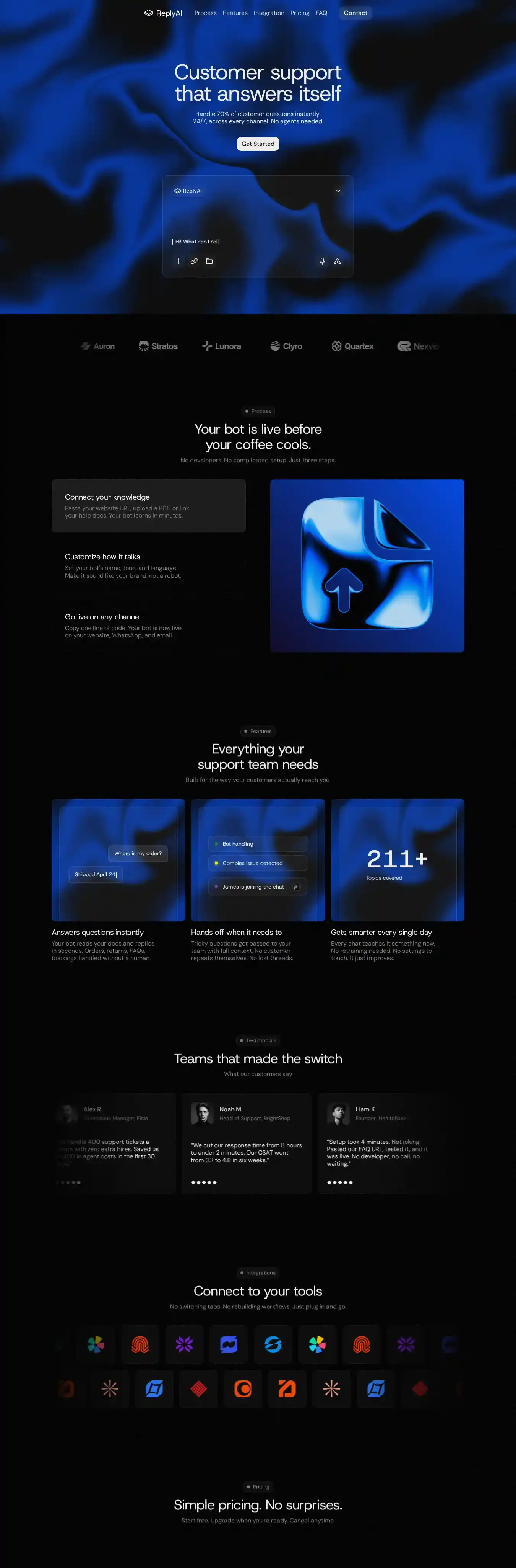 ReplyAI home page on desktop