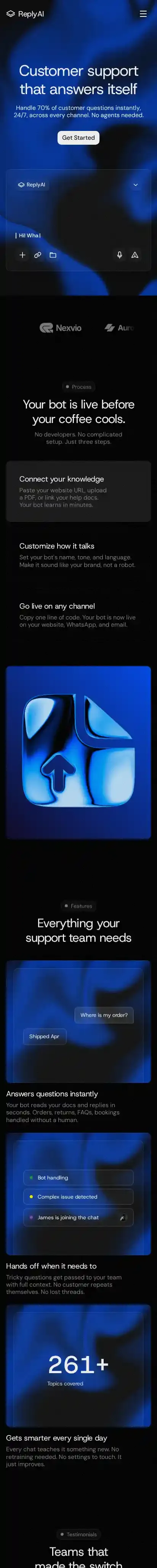 ReplyAI home page on mobile