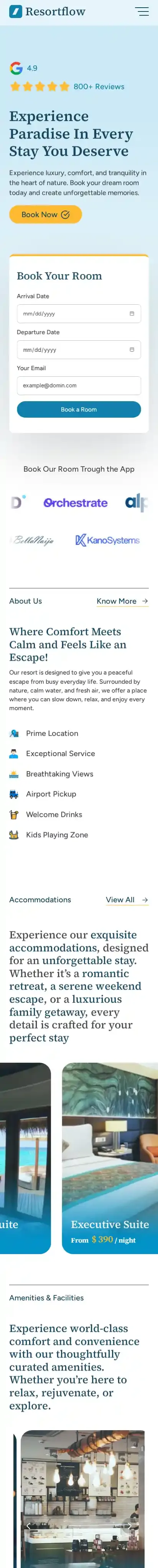 Resort Flow home page on mobile