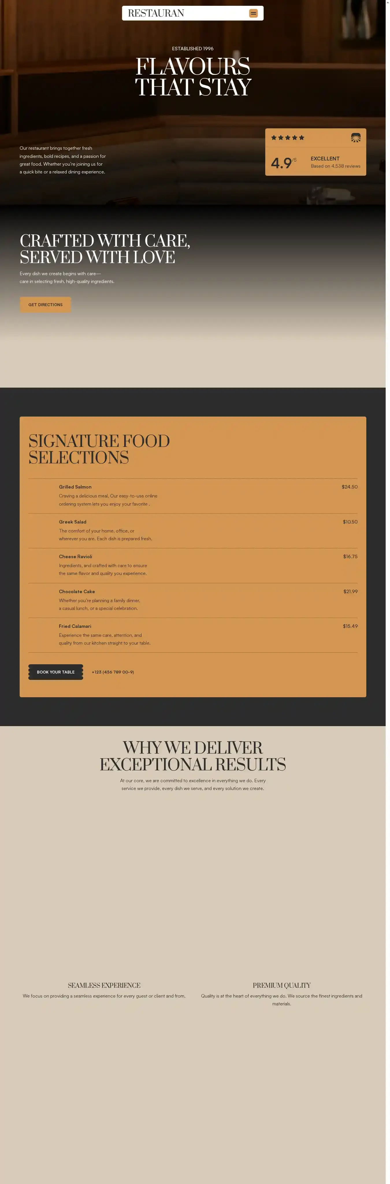 Restauran home page on desktop