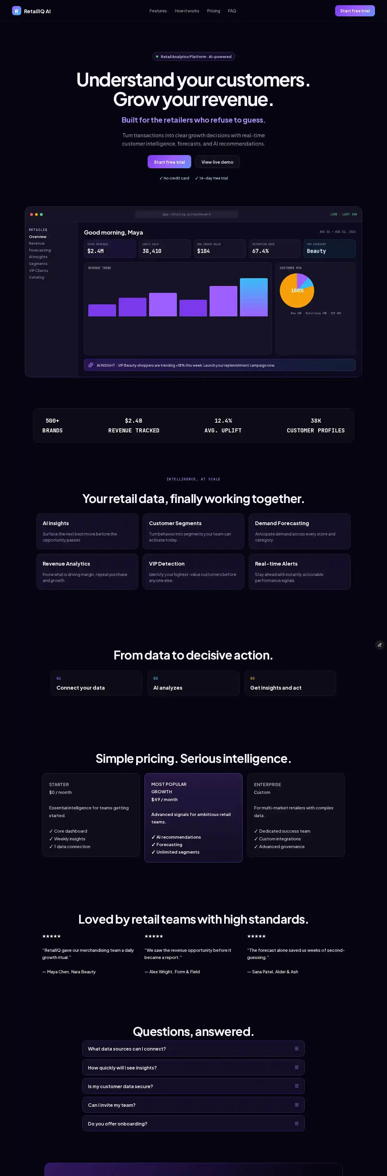 RetailIQ Analytics home page on desktop