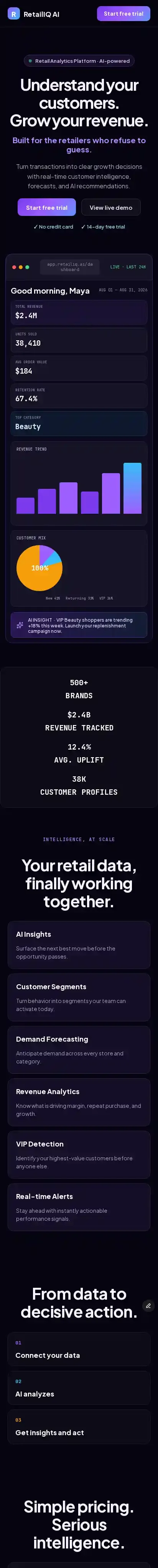 RetailIQ Analytics home page on mobile