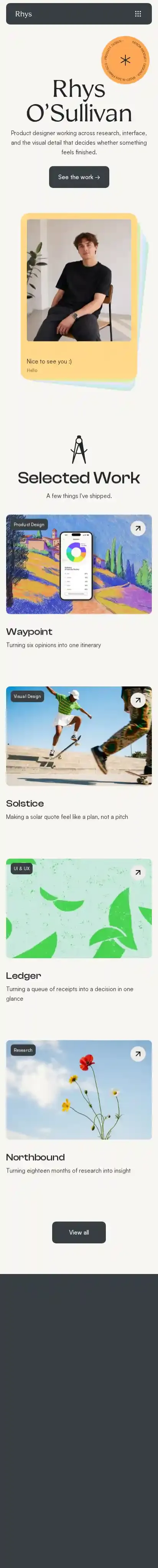 Rhys home page on mobile