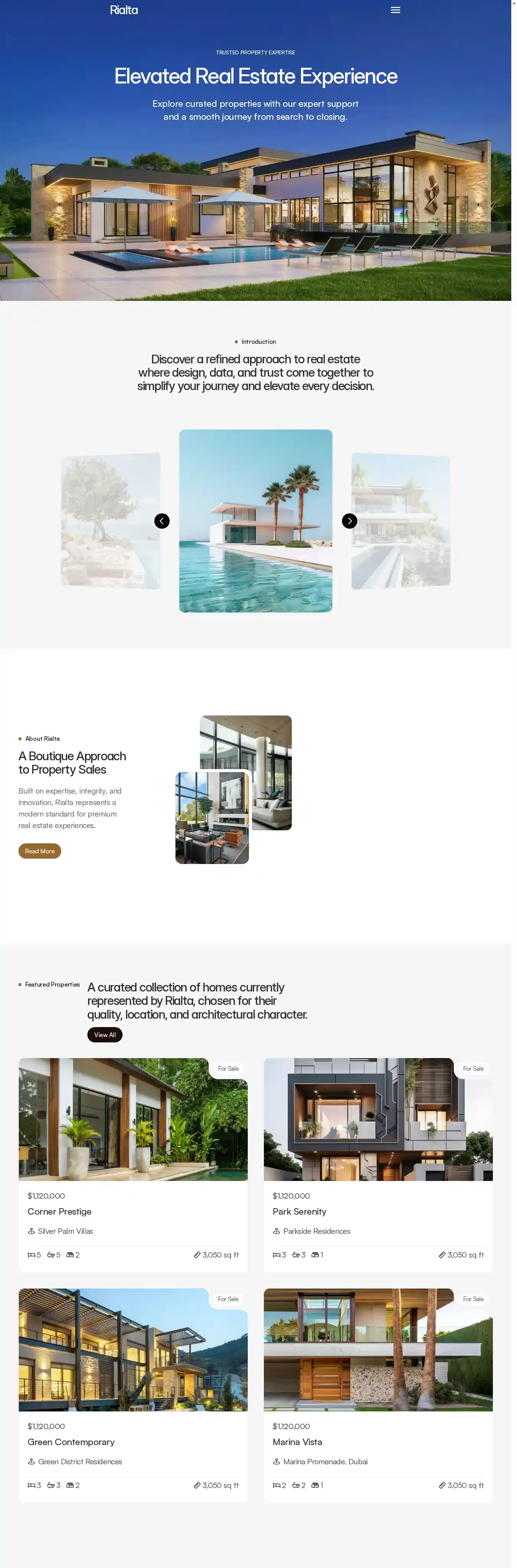 Rialta home page on desktop