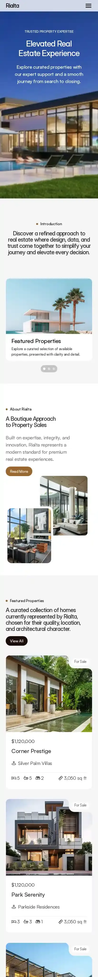 Rialta home page on mobile