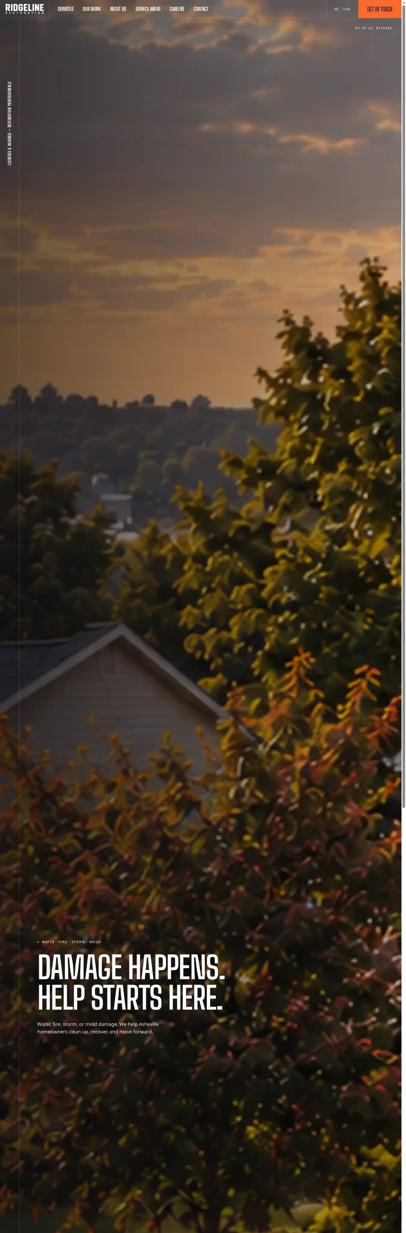 Ridge Restoration home page on desktop