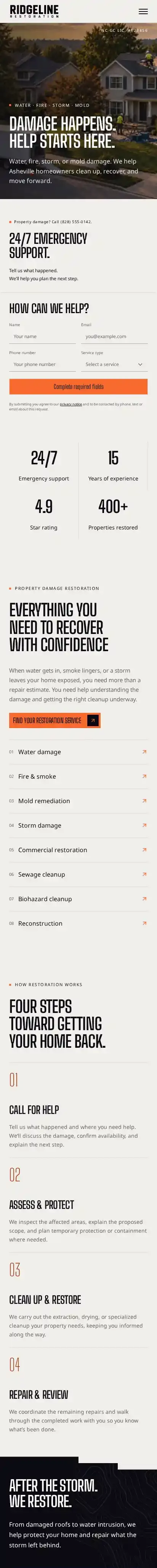 Ridge Restoration home page on mobile