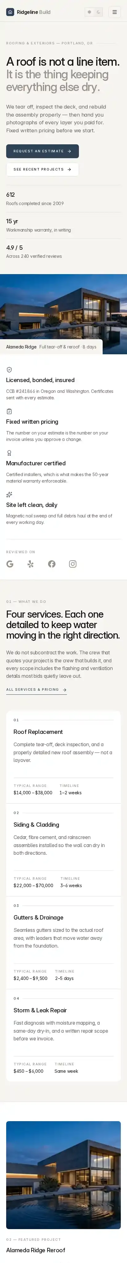 RidgelineBuild home page on mobile