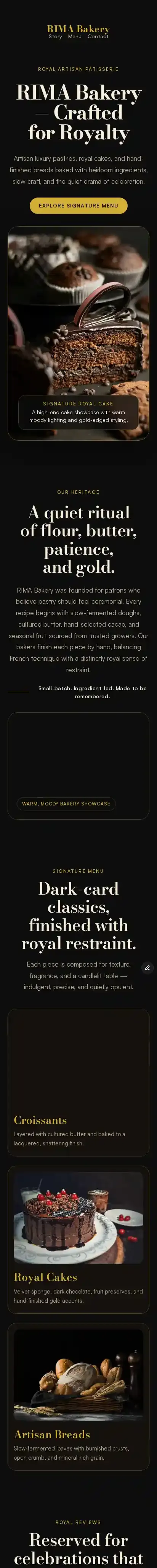 RIMA — Luxury Bakery home page on mobile
