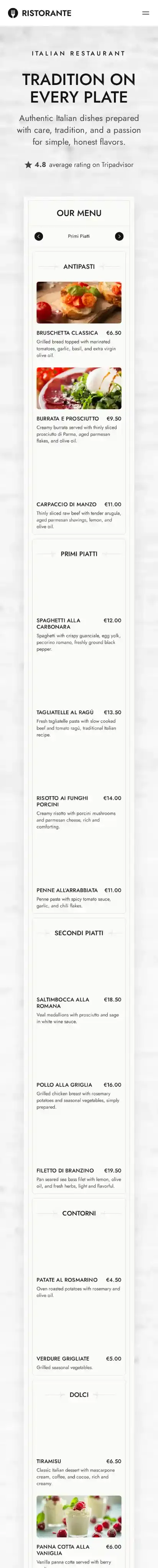 Ristorante home page on mobile