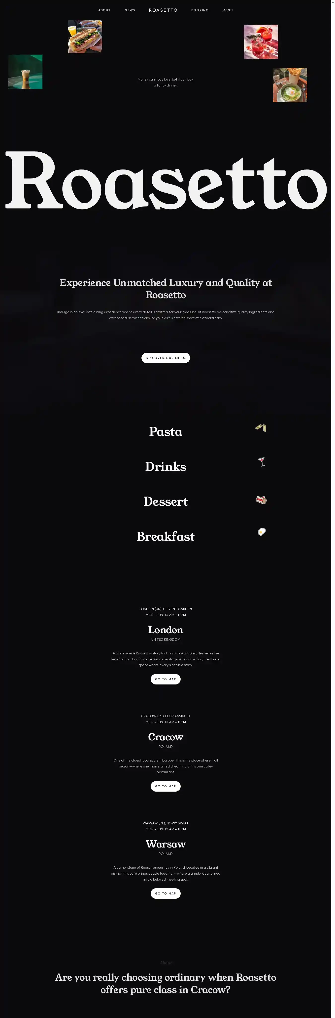 Roasetto home page on desktop