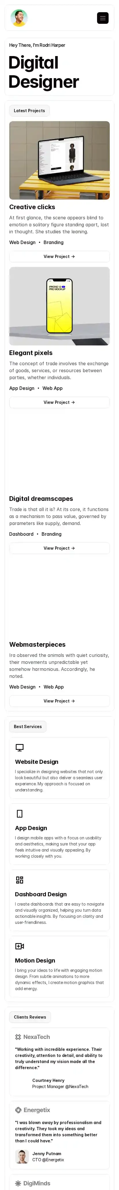 Rodris home page on mobile