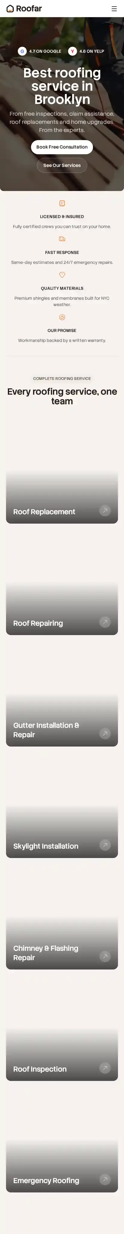 Roofar home page on mobile