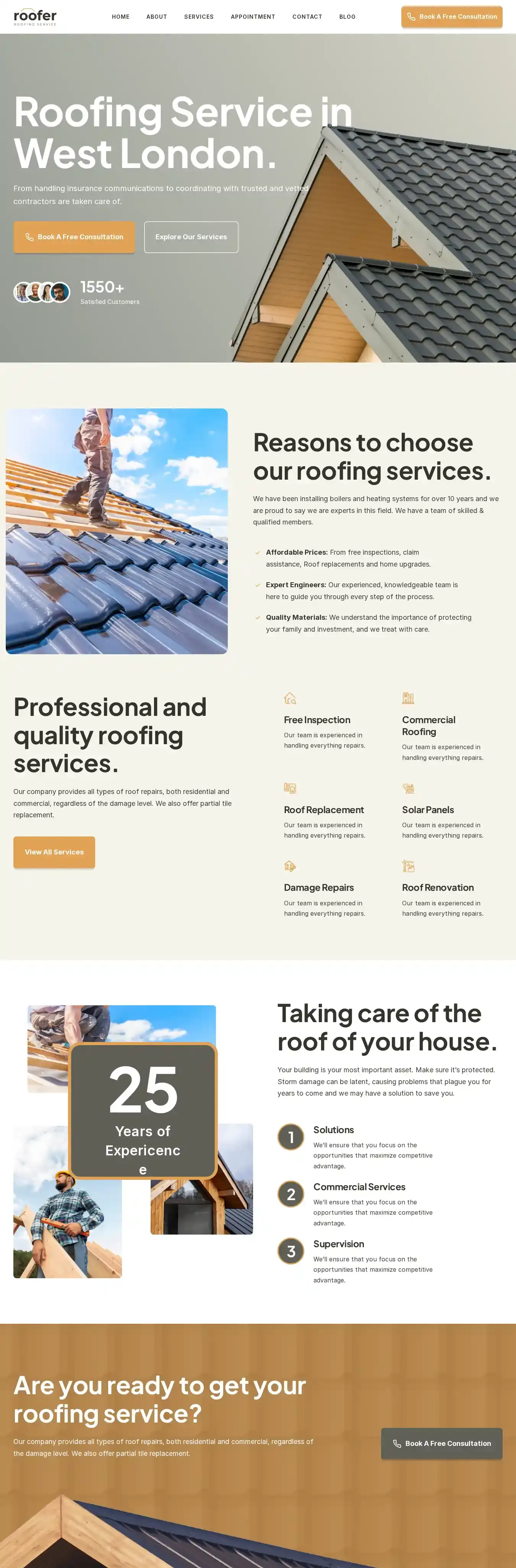 Roofer home page on desktop