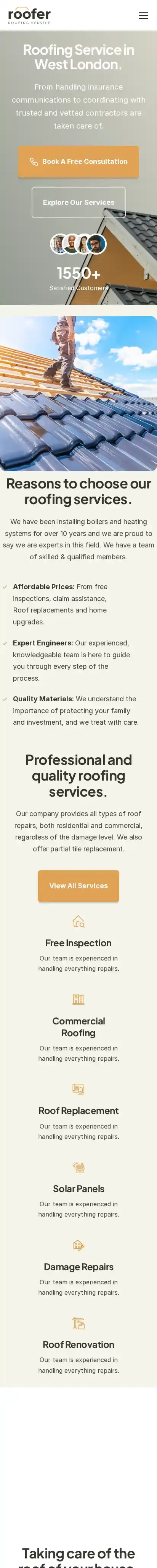 Roofer home page on mobile