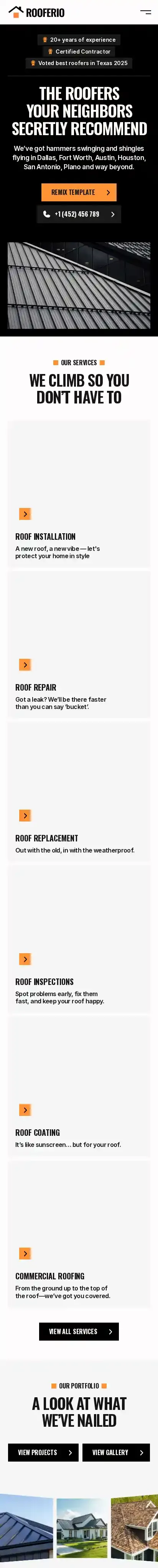 Rooferio home page on mobile