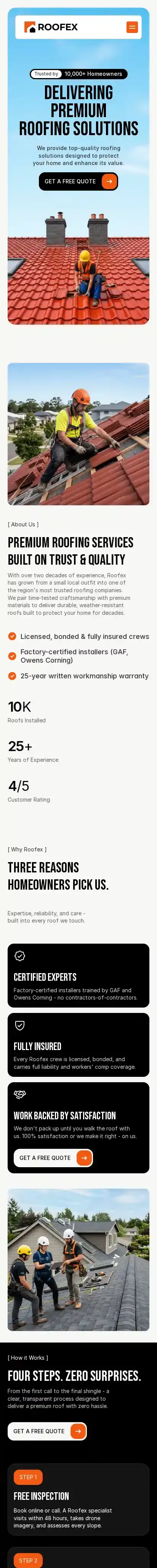 Roofex home page on mobile