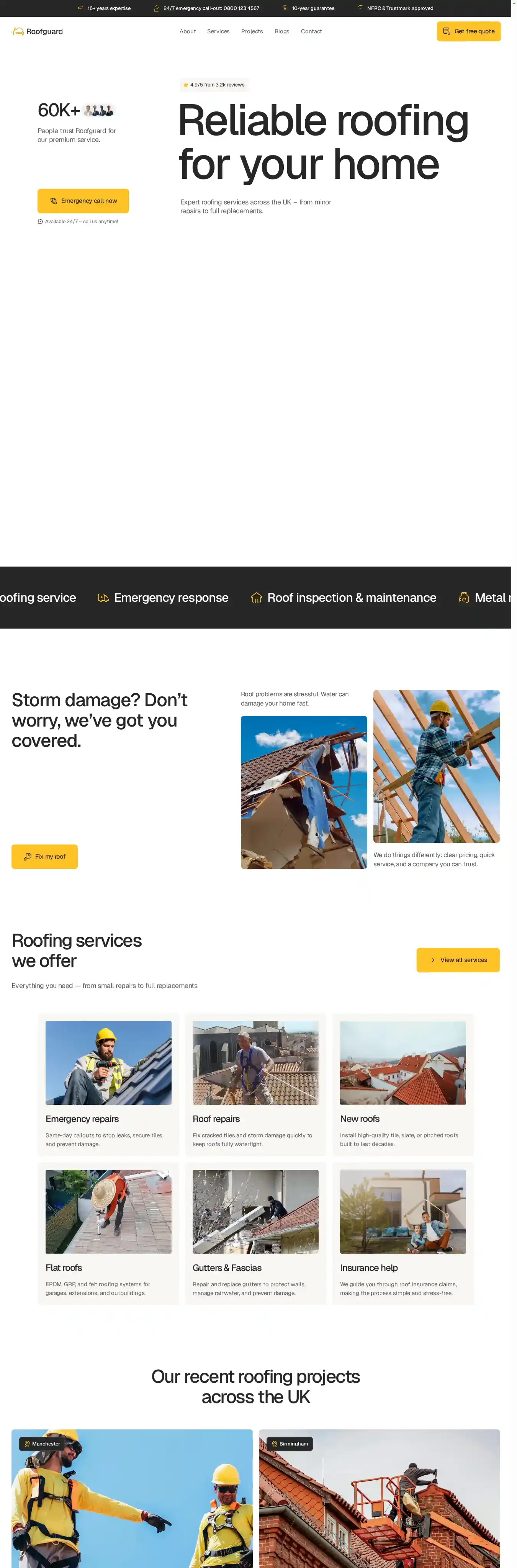 Roofguard home page on desktop