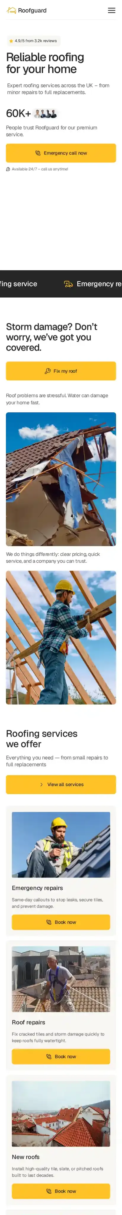 Roofguard home page on mobile