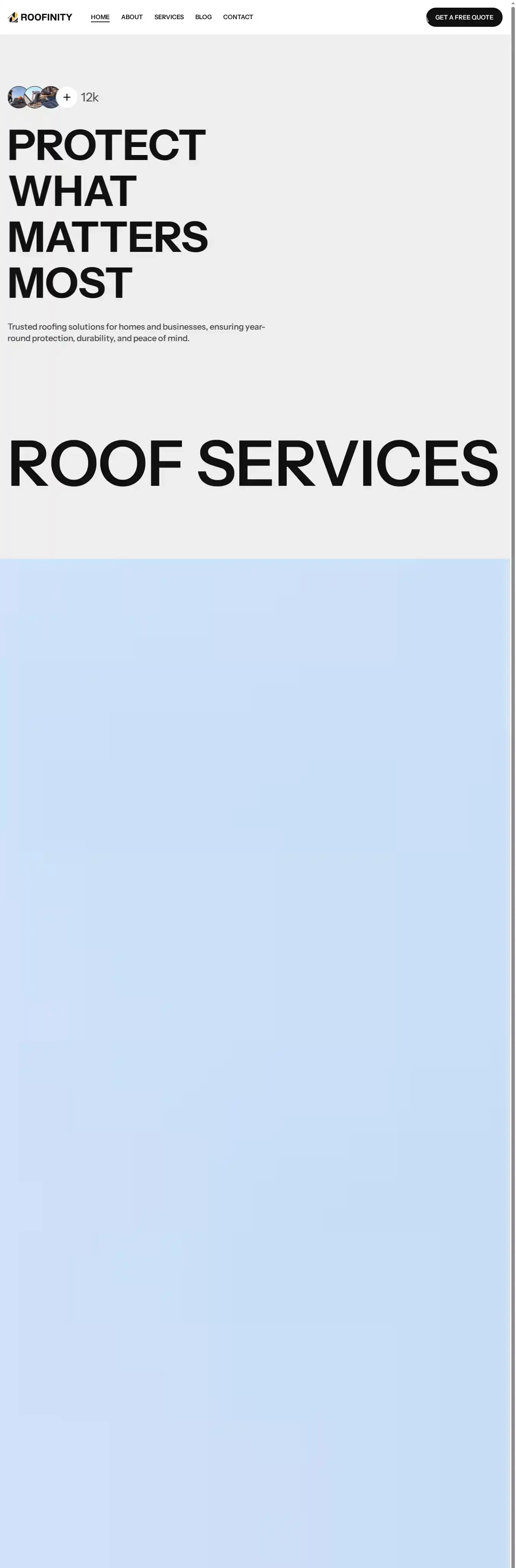 Roofinity TNC home page on desktop