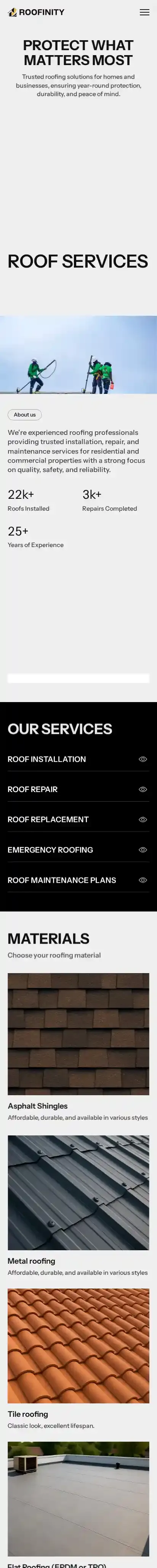 Roofinity TNC home page on mobile
