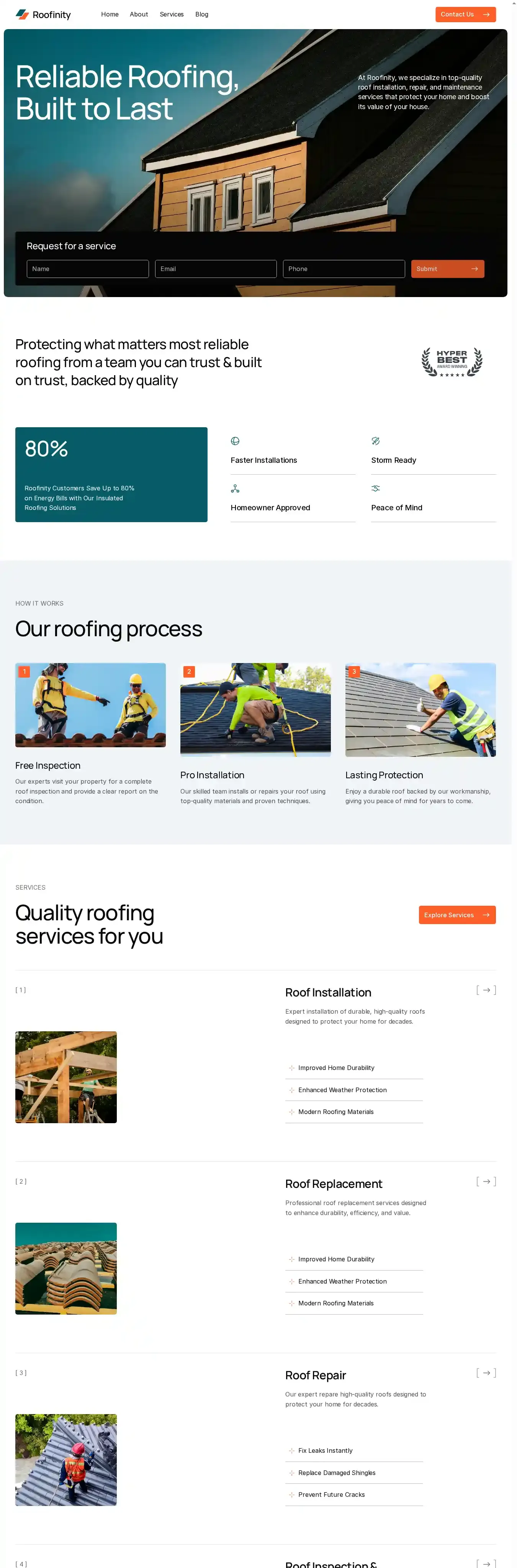 Roofinity home page on desktop