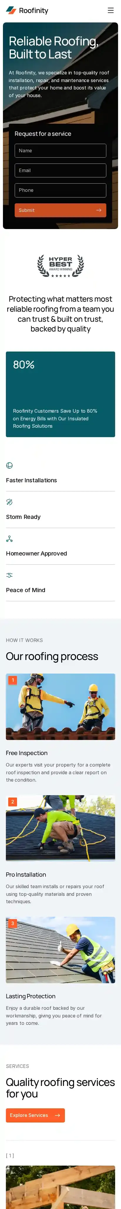 Roofinity home page on mobile