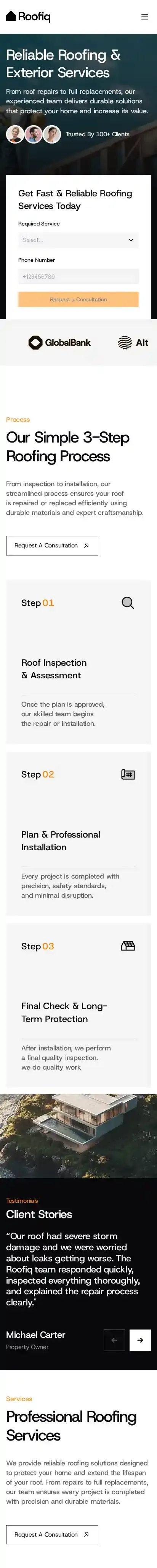 Roofiq home page on mobile