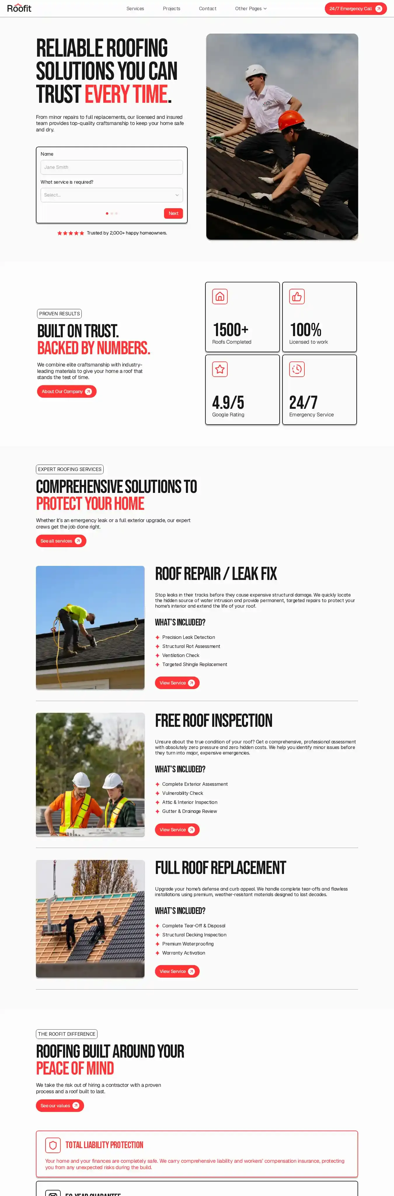Roofit home page on desktop
