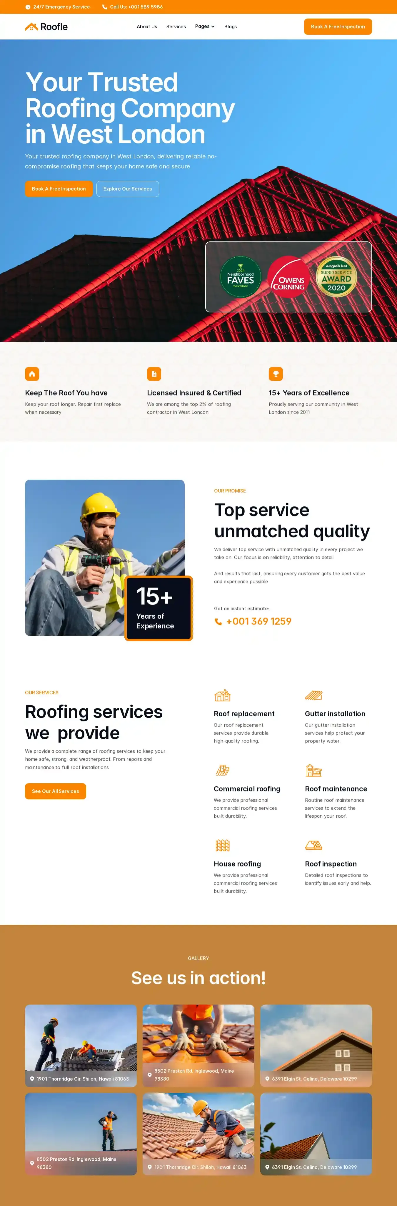 Roofle home page on desktop
