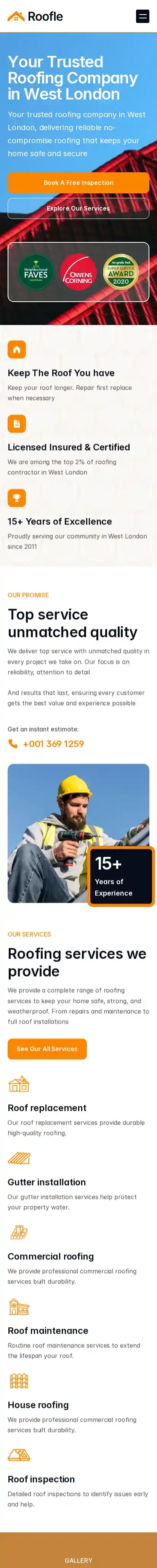 Roofle home page on mobile