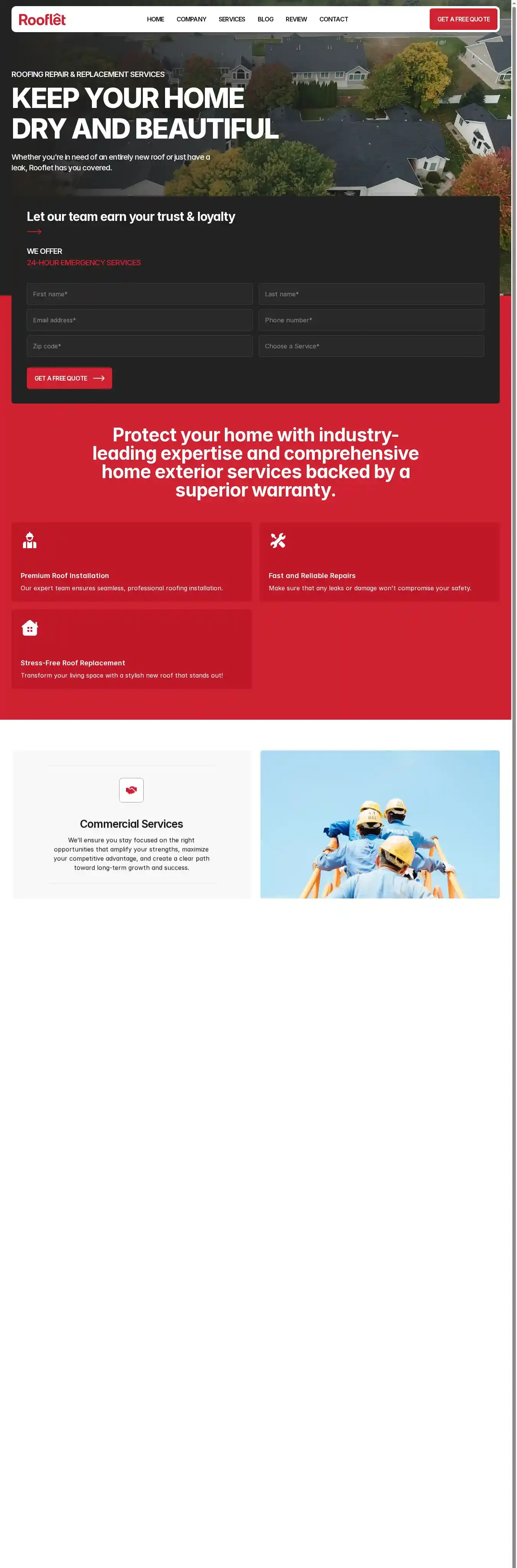 Rooflet home page on desktop