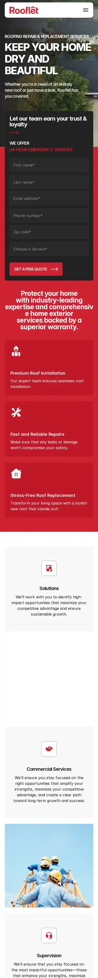 Rooflet home page on mobile