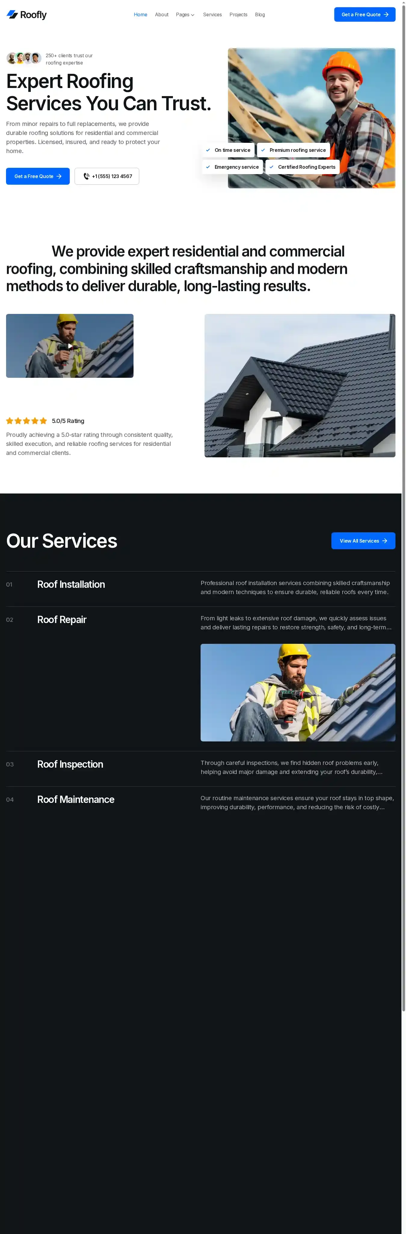 Roofly home page on desktop